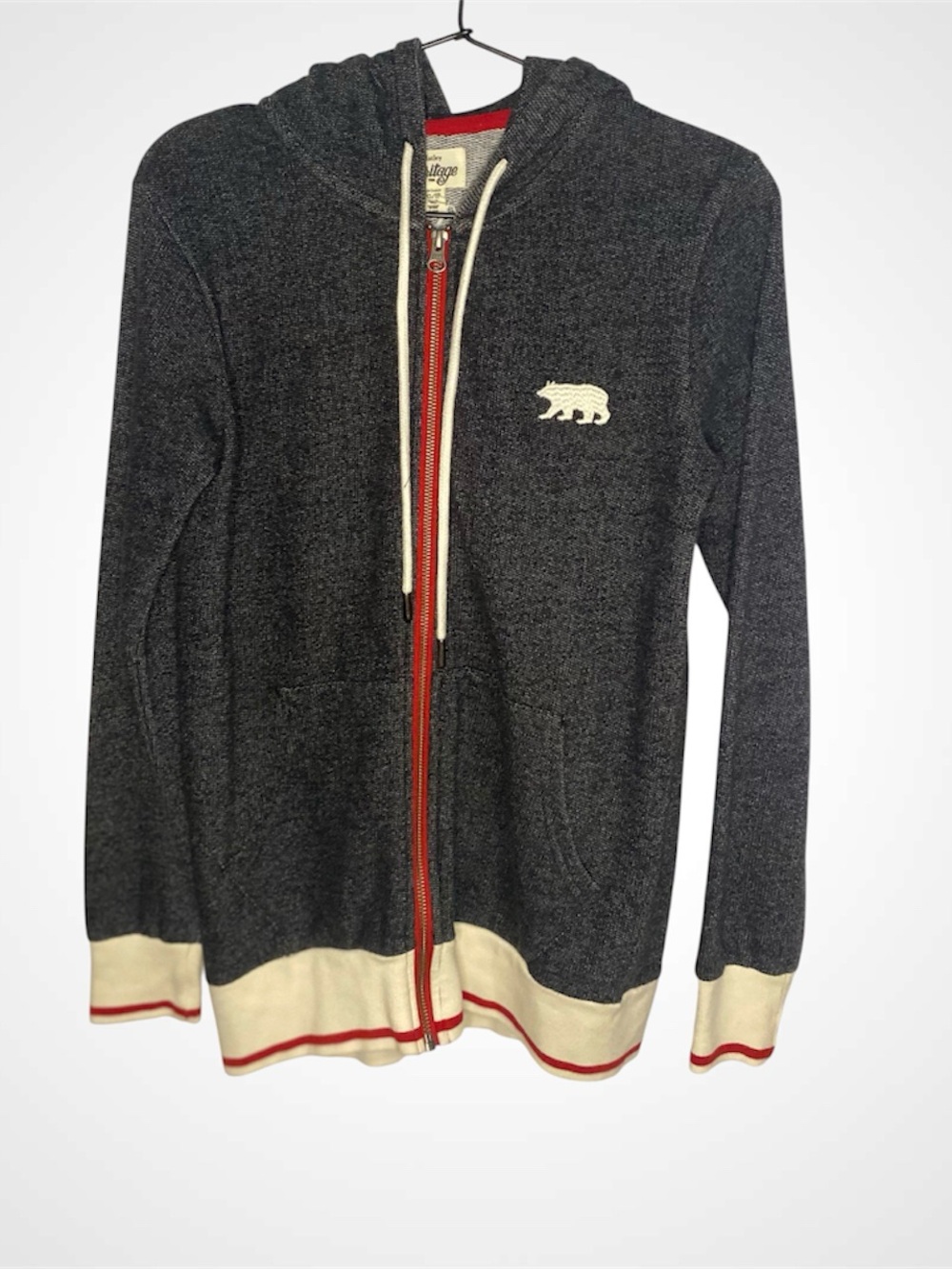 Hatley Charcoal Zip-Up Hoodie Sweater with Cream Trim and Red Accents